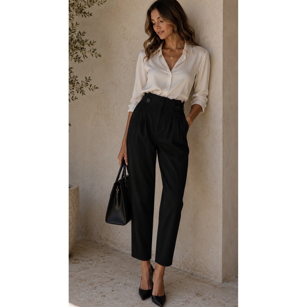 H&M High Rise Tapered Leg Trouser Pants Sz 6 Pleated Ankle Career Cocktail Black